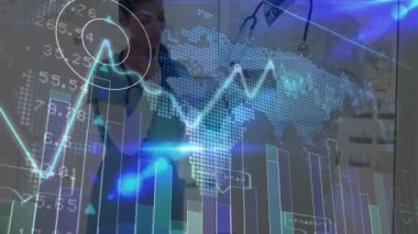 Animation of scientific data processing over diverse doctors with tablet. global medicine, science, research, data processing concept digitally generated video.