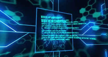 Siyah arkaplanda veri işleme animasyonu. küresel iş ve dijital arayüz kavramı dijital olarak oluşturulmuş video.