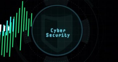 Siyah arkaplan üzerinde istatistiksel veri işleme ve siber güvenlik metni. Siber güvenlik ve bilgisayar arayüzü teknolojisi kavramı