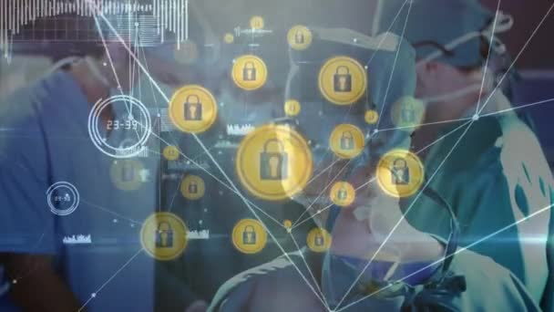 Network Security Padlock Icons Group Diverse Surgeons Performing Operation Hospital — Vídeo de Stock