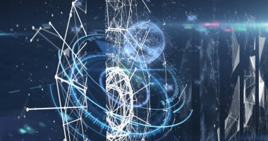 Dünya üzerinde mavi arkaplanda dönen yuvarlak tarayıcı üzerinden bağlantı ağının dijital görüntüsü. Küresel ağ ve bağlantı kavramı