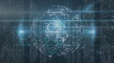 Animation of network of connections and globe over server room. global business and digital interface concept digitally generated video.