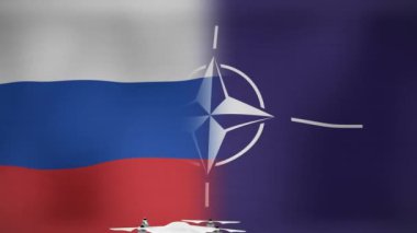 Rusya ve NATO bayrakları üzerinde uçan insansız hava aracının animasyonu. Ukrayna krizi ve dijital arayüz konsepti dijital olarak oluşturulmuş video.