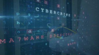 Animation of cyber attack text and data processing over caucasian male it technician with server. global online security, digital interface and data processing concept digitally generated video.
