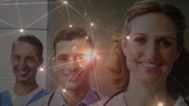 Animation of network of connections over diverse group of doctors. Global medicine, technology, data processing and digital interface concept digitally generated video.