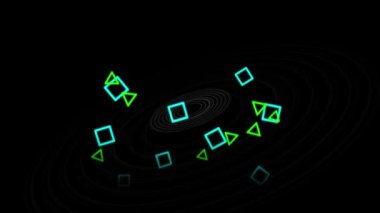 Siyah arkaplan üzerinde dairelerin ve şekillerin canlandırılması. küresel iş ve dijital arayüz kavramı dijital olarak oluşturulmuş video.