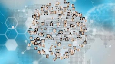 İnsan beyninin animasyonu, dünya üzerinde insanların fotoğraflarıyla bilimsel veri işleme. küresel tıp, veri işleme ve sağlık hizmetleri konsepti dijital olarak oluşturulmuş video.