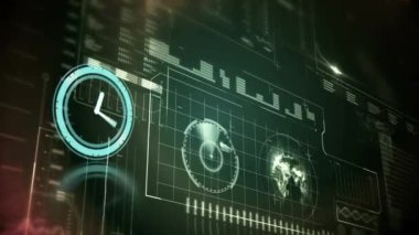 Siyah arka planda veri işleme üzerinde hareket eden saatin animasyonu. küresel iş, finans, bağlantılar ve dijital arayüz konsepti dijital olarak oluşturulmuş video.