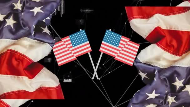 Amerikan Bayraklarının Siyah Arkaplandaki Bağlantı Ağı Üzerinden Canlandırılması Amerikan Vatanseverliği — Stok video