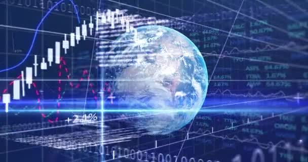 Animation Financial Graph Globe Navy Background Finance Economy Network Technology — ストック動画