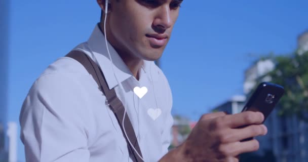 Animation Social Media Reaction Hands Caucasian Man Using Smartphone Social — Stockvideo