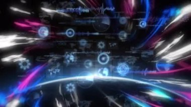 Mavi ve pembe ışıkların animasyonu teknoloji simgeleri ve kürede hızla hareket ediyor. küresel veri işleme ve teknoloji konsepti dijital olarak oluşturulmuş video.