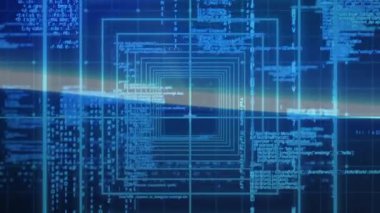 Mavi arkaplanda eşmerkezli kareler üzerinde veri işleme dijital animasyonu. bilgisayar arayüzü ve teknoloji kavramı