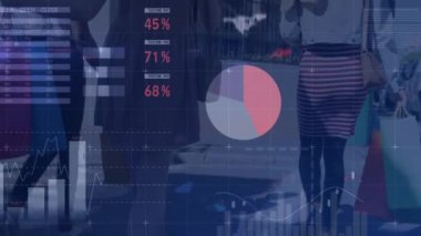 Animation of financial data processing over group of walking women. global connections, data processing and digital interface concept digitally generated video.