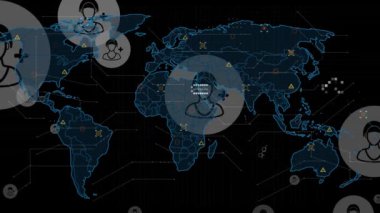 Kara arkaplan üzerinde dünya haritasıyla veri işleme animasyonu. küresel iş ve dijital arayüz kavramı dijital olarak oluşturulmuş video.