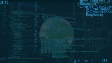 Mavi arka planda dünya ile veri işleme animasyonu. küresel hesaplama ve veri işleme kavramı dijital olarak oluşturulmuş video.