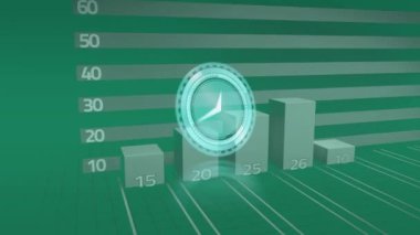 Yeşil zemin üzerinde saat, grafik ve ok animasyonu. finans, ekonomi, veri işleme ve teknoloji konsepti dijital olarak oluşturulmuş video.