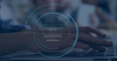 Animation of computer icon over caucasian businesswoman using laptop in office. Global business and digital interface concept digitally generated video.