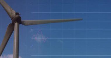 Rüzgar türbininin üzerindeki finansal grafiklerin animasyonu. yeşil enerji, eko gücü, finans ve teknoloji konsepti dijital olarak oluşturulmuş video.