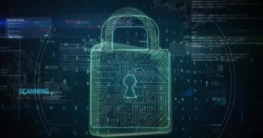 Asma kilit üzerinde veri işleme animasyonu. küresel iş ve dijital arayüz kavramı dijital olarak oluşturulmuş video.