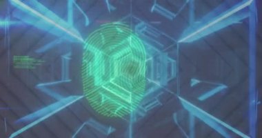 Parlayan altıgenlerin üzerinde biyometrik parmak izi ve veri işleme animasyonu. Dijital olarak oluşturulmuş küresel çevrimiçi kimlik ve veri işleme kavramı.