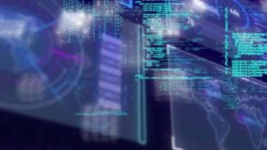 Siyah arkaplanda veri işleme animasyonu. küresel iş ve dijital arayüz kavramı dijital olarak oluşturulmuş video.