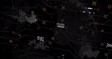 Siyah arkaplanda grafiklerin, verilerin ve simgelerin canlandırılması. Veri işleme, bilgisayarlar, dijital ekran ve teknoloji konsepti dijital olarak oluşturulmuş video.