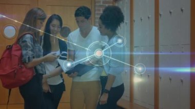 Animation of network of connections with icons over diverse students talking in school. school, education, learning and connections concept digitally generated video.