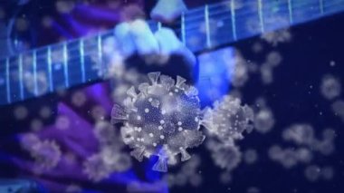 Covid-19 hücreleri gitar çalan bir sanatçıya karşı yüzüyorlar. covid-19 koronavirüs salgını konsepti