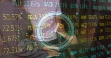 Animation of financial data processing over caucasian server room workers. global business, finance and connections concept digitally generated video.