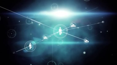 Siyah ve mavi arkaplandaki simgelerle bağlantı ağının animasyonu. küresel bağlantılar, ağ ve teknoloji konsepti dijital olarak oluşturulmuş video.