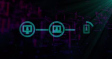 Siyah arkaplan üzerinde veri işleme ve ortam simgelerinin canlandırılması. Küresel teknoloji ve dijital arayüz konsepti dijital olarak oluşturulmuş video.