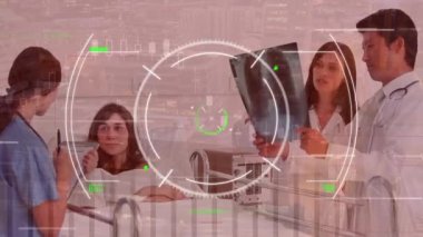 Farklı kadın, erkek, doktor ve hastalar üzerinde görüş bulucu animasyonu. küresel covid 19 salgını, ilaç ve sağlık konsepti dijital olarak üretilen video.