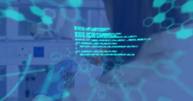Animation of science data processing over scientist in laboratory. education and learning concept digitally generated video.