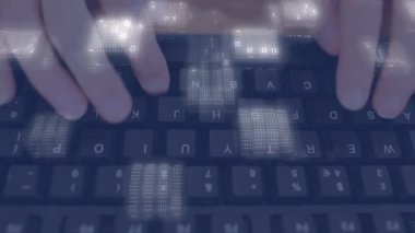 Animation of data processing over hands using computer in office. Global business and digital interface concept digitally generated video.