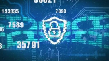 Sayıların animasyonu, engelleme zinciri ve mavi arka planda asma kilit olan dijital kalkan. İnternet ve veri güvenliği konsepti dijital olarak oluşturulmuş video.