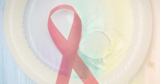 Κινούμενο Σχέδιο Κόκκινης Κορδέλας Πάνω Από Προφυλακτικό Σεξουαλική Εβδομάδα Υγείας — Αρχείο Βίντεο