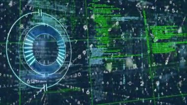 Siyah arkaplanda veri işleme üzerinde tarama kapsamı animasyonu. küresel iş, finans, bağlantılar ve dijital arayüz konsepti dijital olarak oluşturulmuş video.