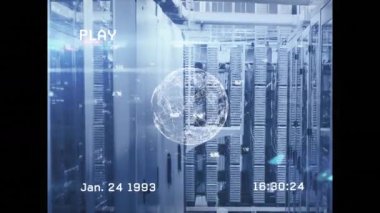 Animation of vintage video of globe over servers. global network, connections, data and technology concept digitally generated video.