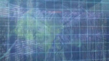 Sunucu odasının üzerinde dünya ve borsa animasyonları. küresel bağlantılar, bilgisayar ve dijital arayüz konsepti dijital olarak oluşturulmuş video.