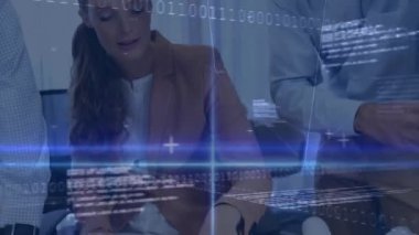 Animation of network of connections over midsection of diverse businesspeople talking and working. global business, connections and technology concept digitally generated video.