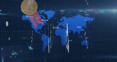 Madalyalar, ışıklar, dünya haritası ve donanma geçmişi. ağ, bağlantılar ve dijital olarak oluşturulmuş video konsepti.