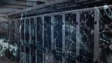 Sunucu odasındaki bağlantı ve veri işleme ağının animasyonu. küresel bağlantılar, bilgisayar ve dijital arayüz konsepti dijital olarak oluşturulmuş video.