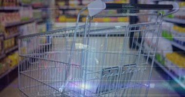 Animation of financial graphs and data processing over shopping cart in market. shopping, buying food, finance and economy concept digitally generated video.