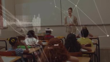 Çeşitli öğrencilerin bayan öğretmenle olan bağlantılarının animasyonu. Dijital olarak oluşturulan öğrenim ve eğitim konsepti.
