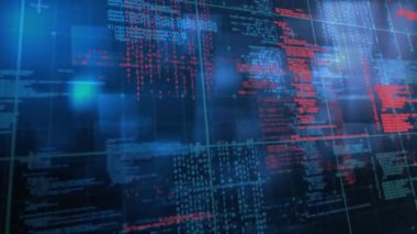 Mavi arka planda birden fazla kare üzerinde veri işleme dijital animasyonu. bilgisayar arayüzü ve teknoloji kavramı