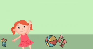 Animation of girl with toys icon on green background. Universal childrens day and celebration concept digitally generated video.