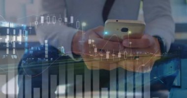Animation of graphs and road traffic over hands of caucasian businessman using smartphone. economy, finance, communication and technology concept digitally generated video.