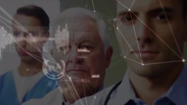 Animation of network of connections over diverse group of doctors. Global medicine, technology, data processing and digital interface concept digitally generated video.
