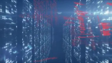 Animation of data processing on navy background with lights. computers, programming, data processing and technology concept digitally generated video.